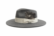 Load image into Gallery viewer, Justine – Grey Felt Fedora with Ivory Ribbon and Feather