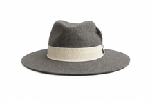 Load image into Gallery viewer, Justine – Grey Felt Fedora with Ivory Ribbon and Feather